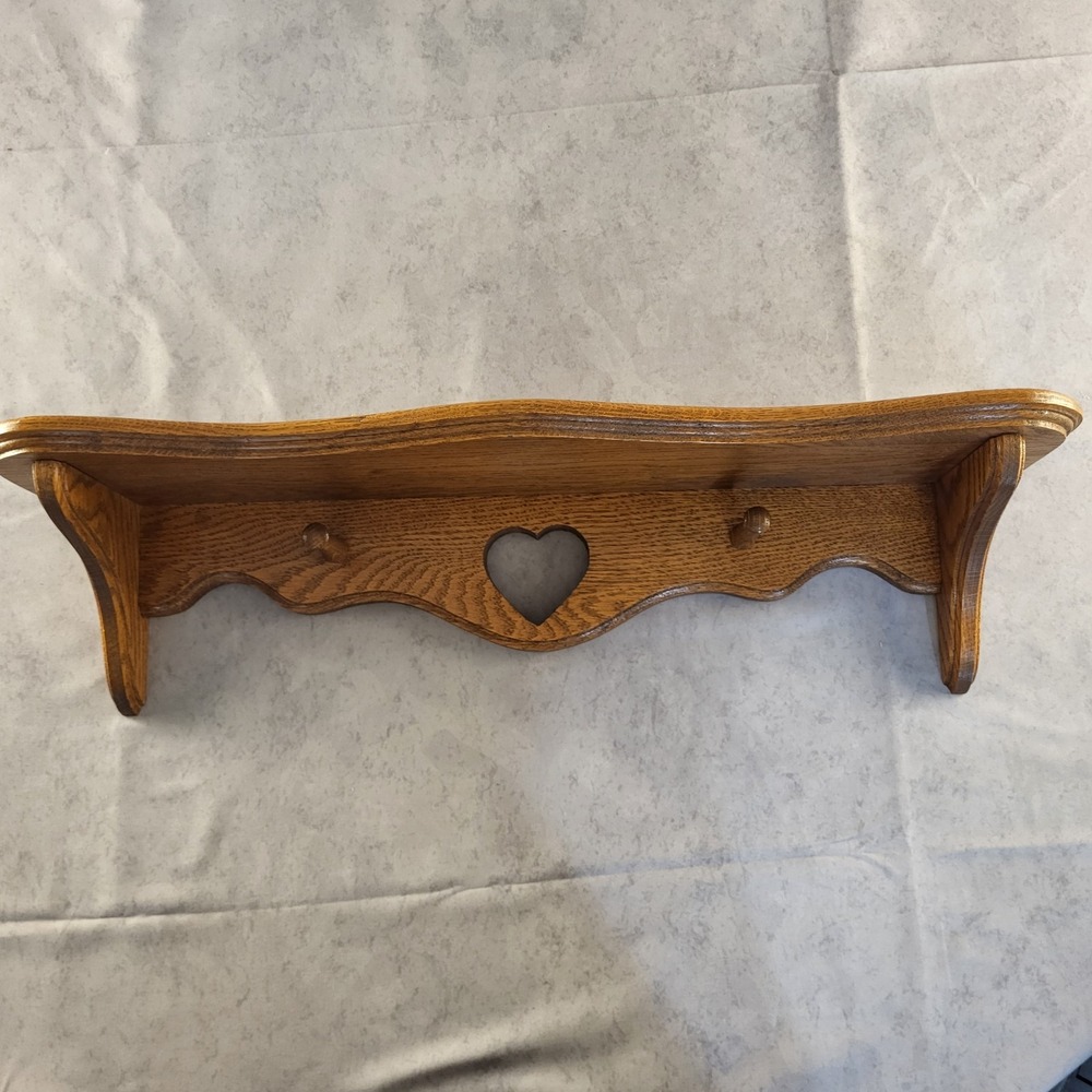Vintage 24" Oak Wood Wall Shelf & Hooks Country Heart Cottagecore